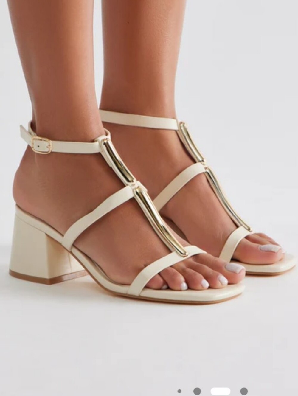 Fashion Nova Cream T-Strap Block Heel Sandals with Gold Accents